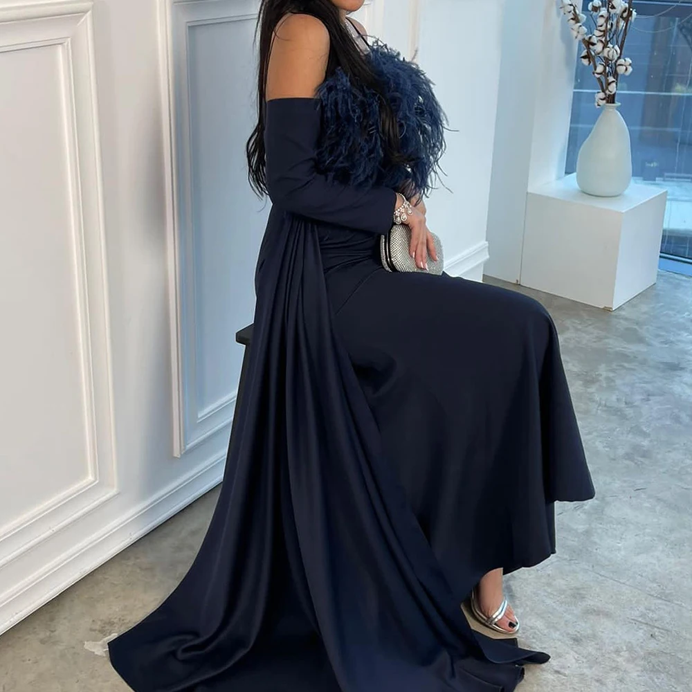 Customized Graceful Strapless Off the Shoulder Feathers Panel Train Evening Dress Temperament Mermaid Long Sleeves Party Gown