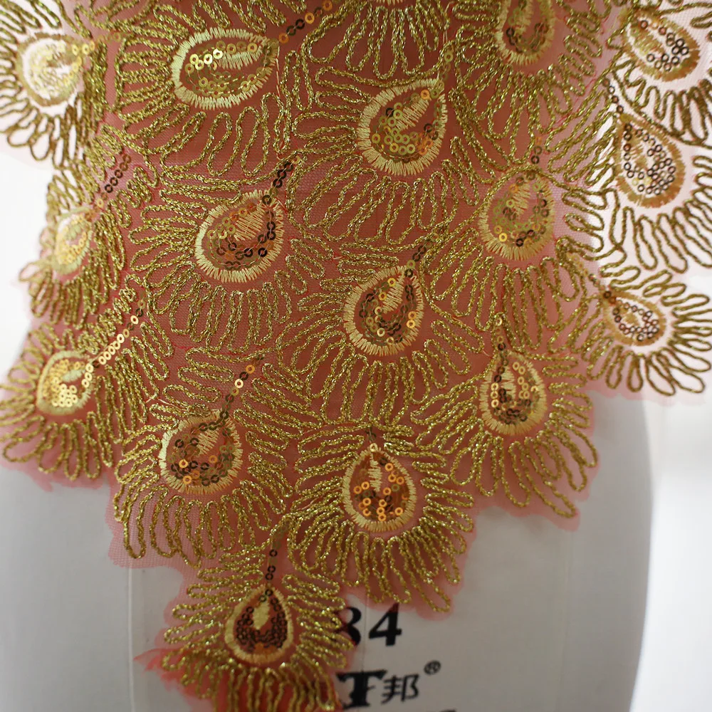 Gold Red Sequin Embroidered Peacock Birds Applique Lace Fabric Trimming Sew Patch Collar Wedding Gown Dress Clothes DIY Crafts