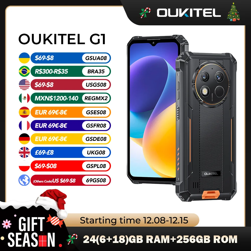 Oukitel G1 smartphone robusto Android 6,52 ''10600mAh 24GB + 256GB telefone robusto Android14 48MP HD + câmera celular