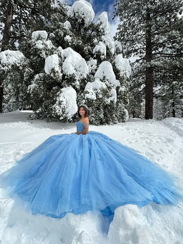 New Flower Blue Quinceanera Dresses 2024 Vestido De 15 Años Sweet 15 16 Off Shoulder Backless Sweet 15 16 XV Birthday Prom Party