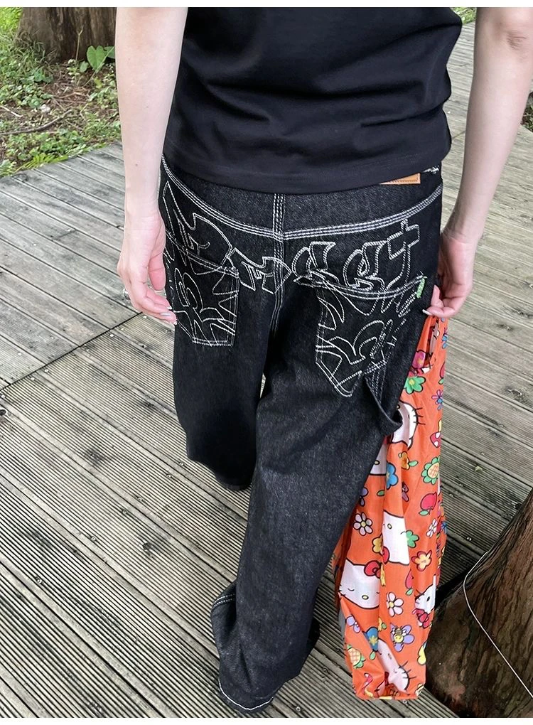 

American High Street Embroidered Wide Leg Jeans Women's Retro All-Match Casual Slim Loose Straight Floor-Length Pants