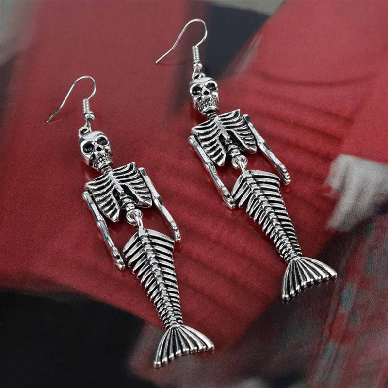 Goth Halloween Large Mermaid Skull Pendant Earrings Women Vintage Silver Color Skeleton Drop Earrings Punk Fashion Jewelry