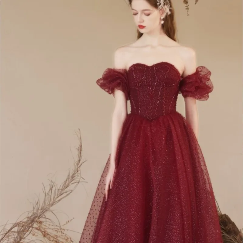 Bridal Red Toast Dress Season Wedding Host Temperament Back-to-Door Puff Sleeve Polka Dot