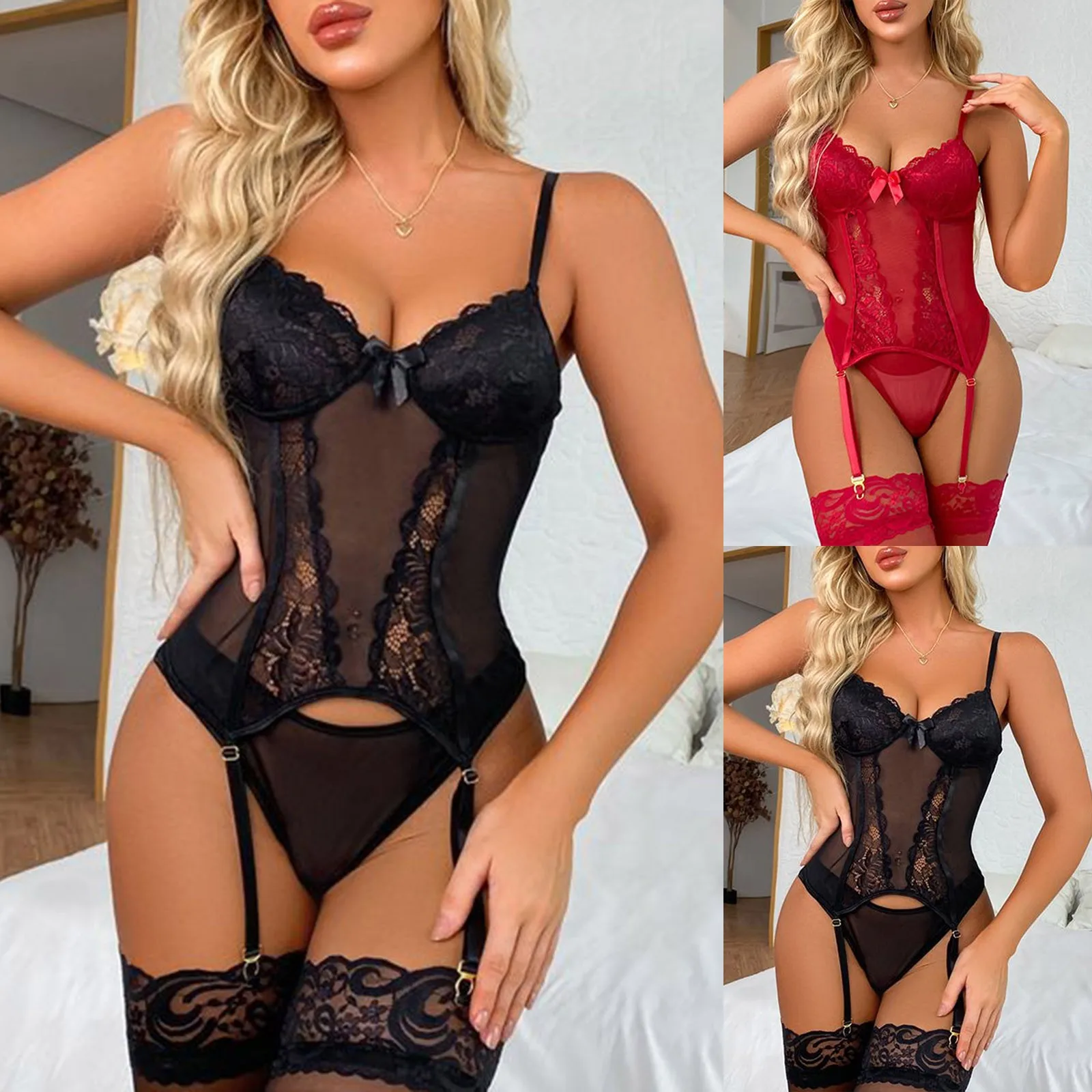 Sexy Lingerie Women Lace Mesh Print Transparent Push Up Bras Thongs Lingerie 3pcs Sets Bodysuit Underwear Erotic Costumes