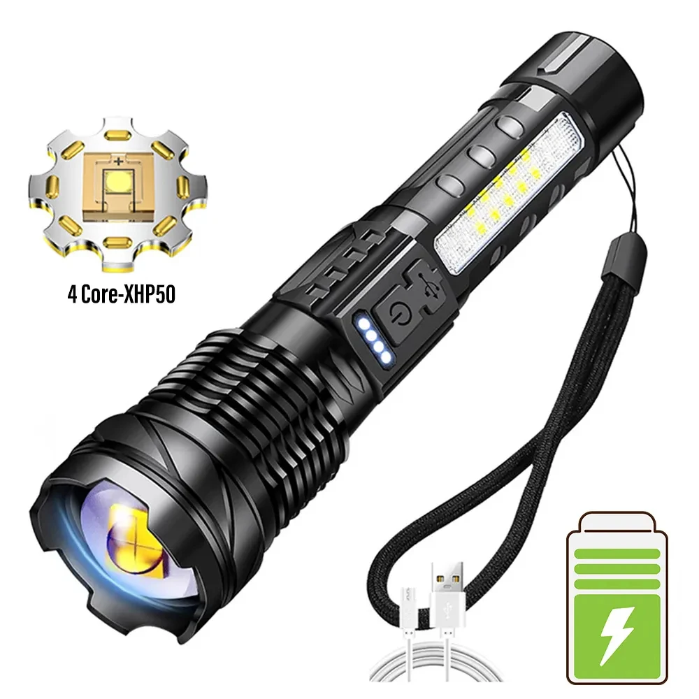 

Powerful XHP50 LED Flashlight Waterproof 18650 Torch With Side Light 7 Modes Camping Fishing Lantern USB Rechargeable Zoom Lamp