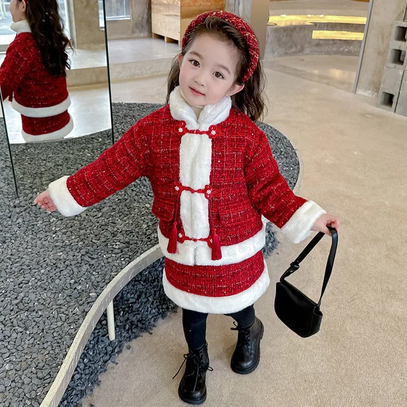 

Girls Suit New Style Children Winter Clothing and Cashmere Thickened Two-piece Set of New Chinese New Year for Baby Girls