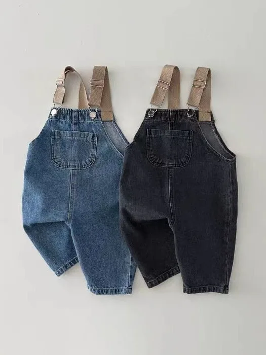 2025 primavera novo bebê denim macacão infantil menino menina sem mangas macacão da criança casual cinta calças crianças versátil jeans sólidos