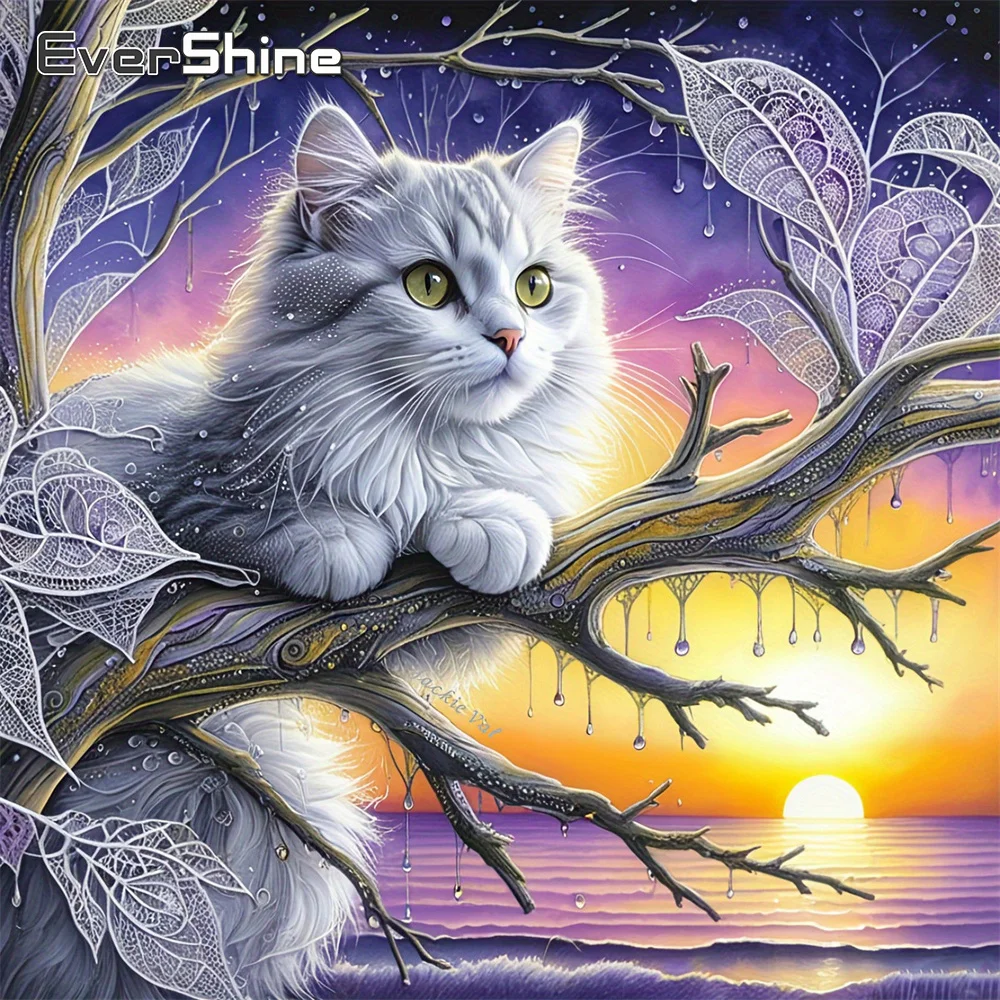 EverShine Diamant-Stickerei, Tier-Mosaik mit quadratischen Steinen, Katzenbild aus Strass, Malerei, Sonnenuntergang, DIY, handgefertigt, Hobby