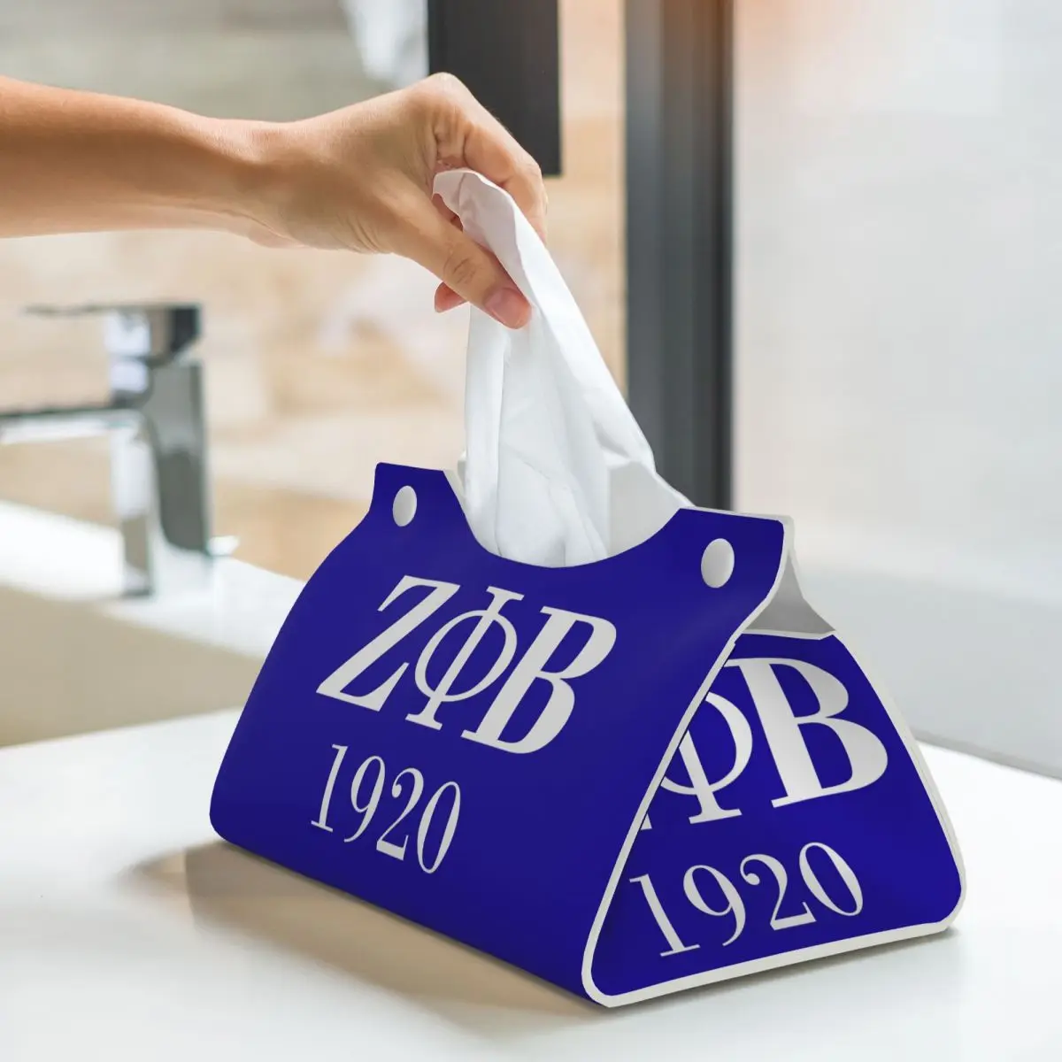 Custom Zeta Phi Beta Sorority Logo Facial Tissue Box Cover Rectangular Greek Letter 1920 PU Leather Tissue Box Holder for Office