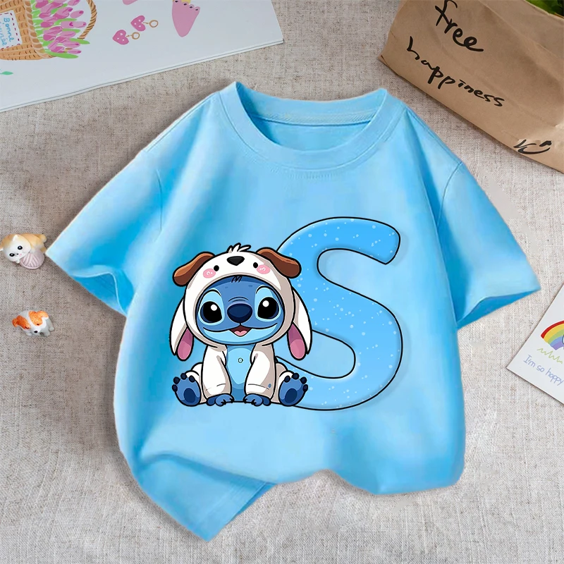 

Disney Stitch Summer T-shirts for Boys Girls Cartoon Letter A-Z Printed Short Sleeved Shirt Children Fashion Cute Clothes Gifts