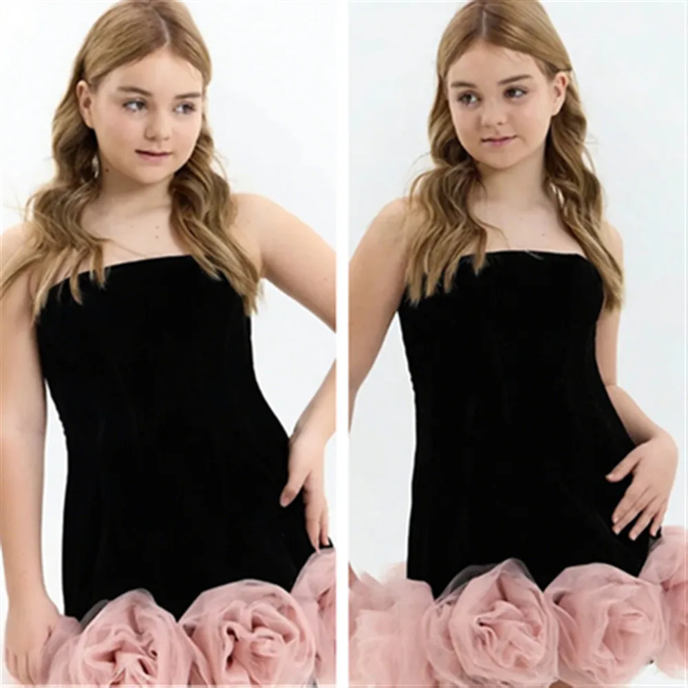 

Customized Strapless Flower Girl Wedding Dress Sleeveless Velvet Floral Princess Birthday Party Dress Kids First Communion Gown