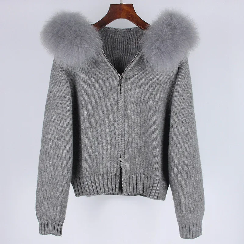 2024 American Fashion Autumn Winter Women Casual Hooded Real Fox Fur Collar Fashion Short Knitted Jacket with Natural Fur Coat