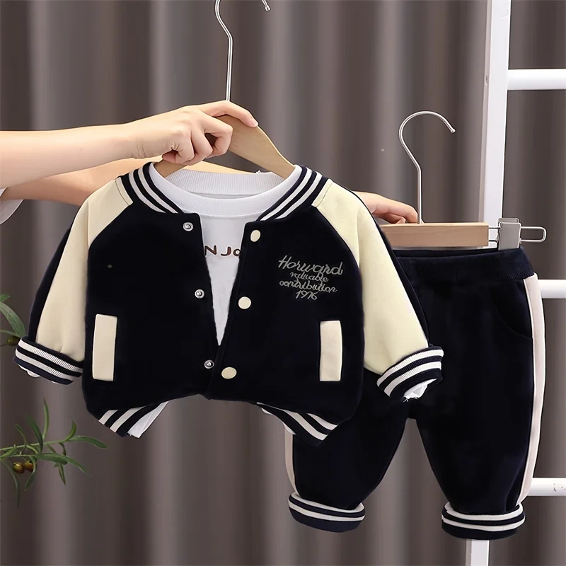 Autumn three-piece suit for boys and girls with letter embroidered coat+long-sleeved T-shirt+striped sweatpants, toddler boys an