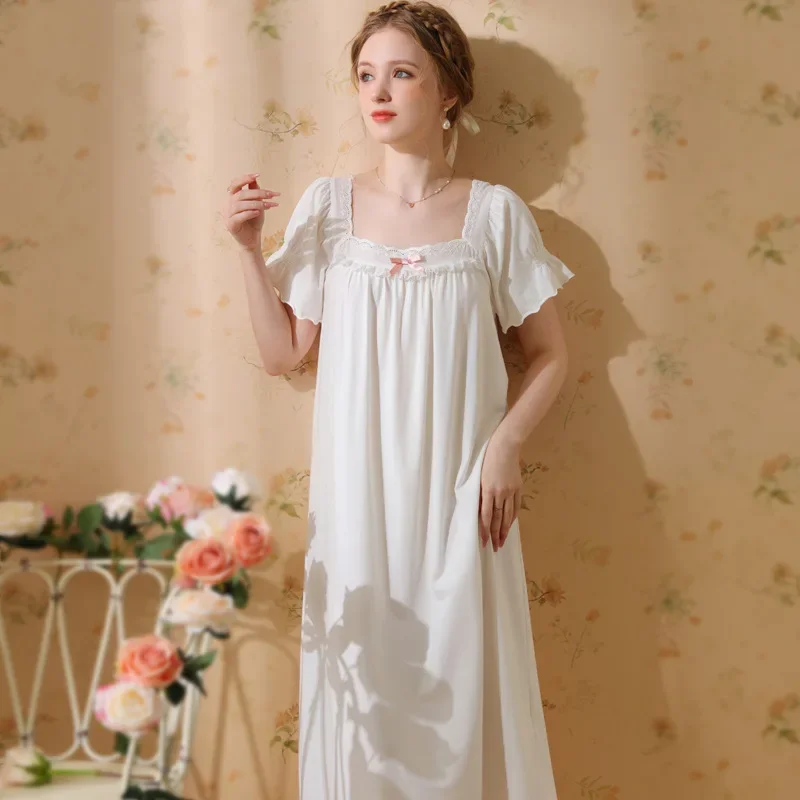 Ночное платье принцессы, женская ночная рубашка, летняя ночная рубашка с коротким рукавом, милая студенческая хлопковая кружевная винтажная ночная рубашка средней длины для девочек