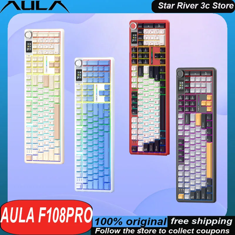 

AULA F108Pro Механическая клавиатура Беспроводная трехрежимная интеллектуальная прокладка экрана Экран Горячая вилка Пользовательская игровая клавиатура