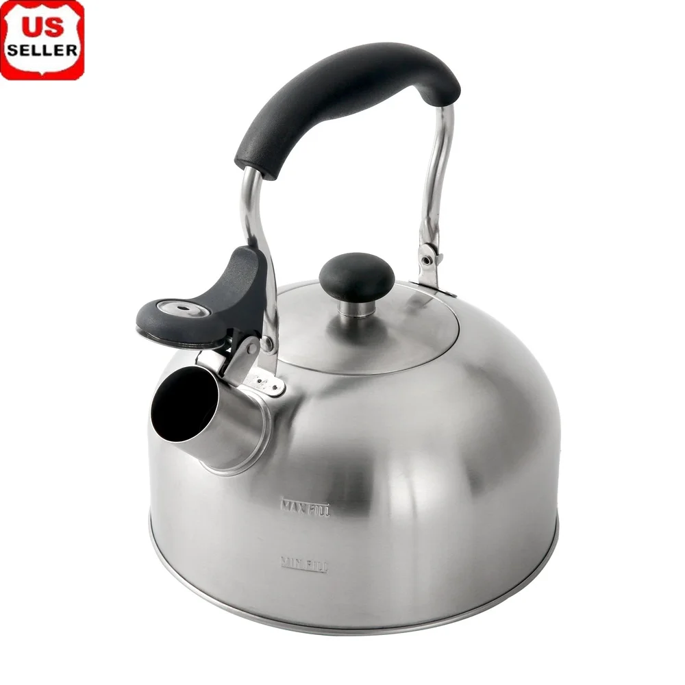 

1.8L Whistle Tea Kettle Induction Compatible Stainless Steel Durable Easy Pour Handle Max Min Fill Lines