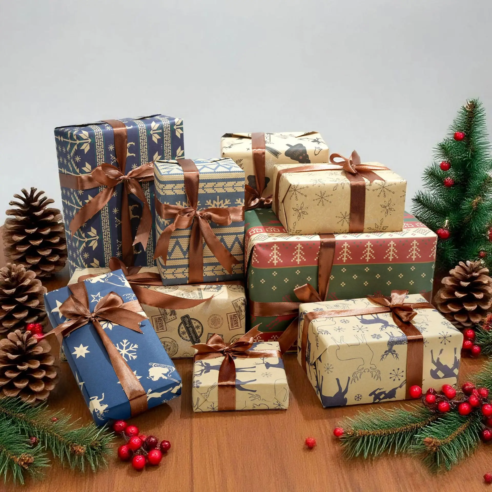 Série de papel de embrulho kraft de Natal, usado para decoração de caixa de presente, formas de rena e árvore de Natal, materiais ecológicos e presente de Natal reciclável! (Tamanho 50Cm*70Cm)