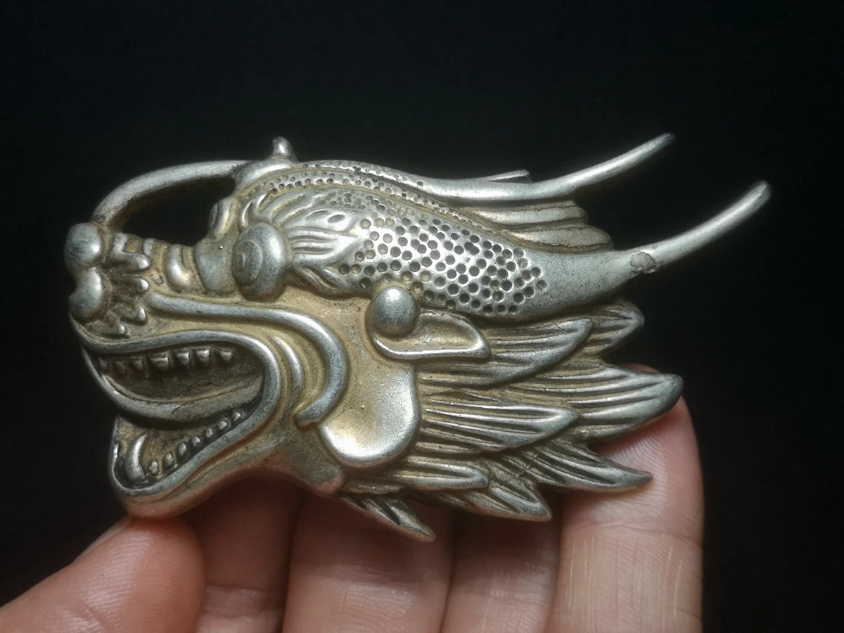 

YIZHU CULTUER ART Chinese Tibet Silver Carving Dragon head Belt Button Decoration gift Collection