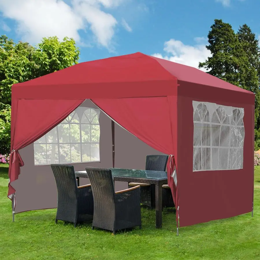 Pop Up Canopy Tent, Outdoor Gazebos, 10 x 10 Canopy with 4 Sidewalls, Easy Set up, for Events, Parties, Camping, Garden, Red.