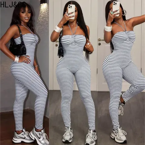 HLJ&GG Sexy Halter Stripe Printing Bodycon One Piece Jumpsuits Women Sleeveless Backless Slim Playsuits Fashion Lady Overalls