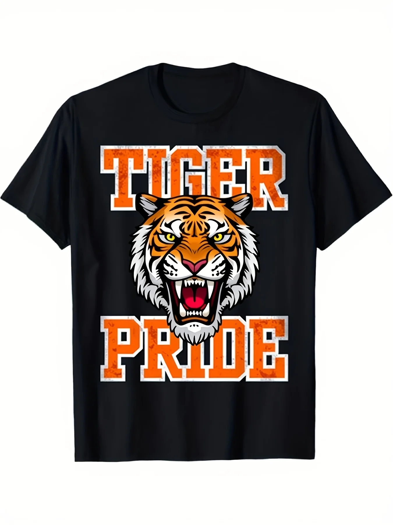 Men's Huwei Pattern Black T-shirt with Orange Tiger Face and TIGER PRIDE Text, Short-sleeved Casual Round Neck Shirt, Breathable and Sweat-absorbing Soft, Suitable for Sports Venues and Daily Wear