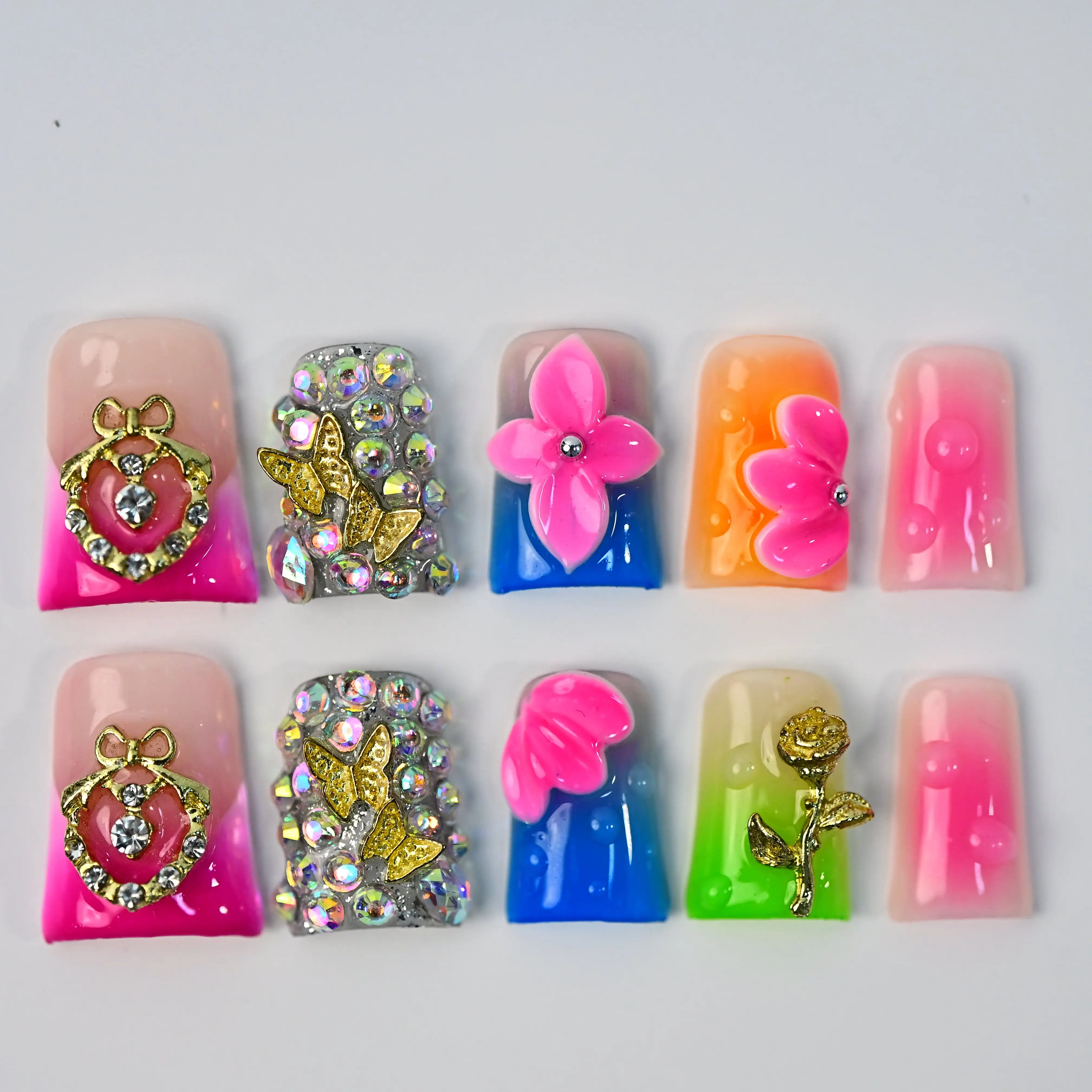 

Duck Tip Press-On Nails, Handmade Color Block Nails with 3D Floral Design & Golden Butterfly, Soft Girl Aesthetic