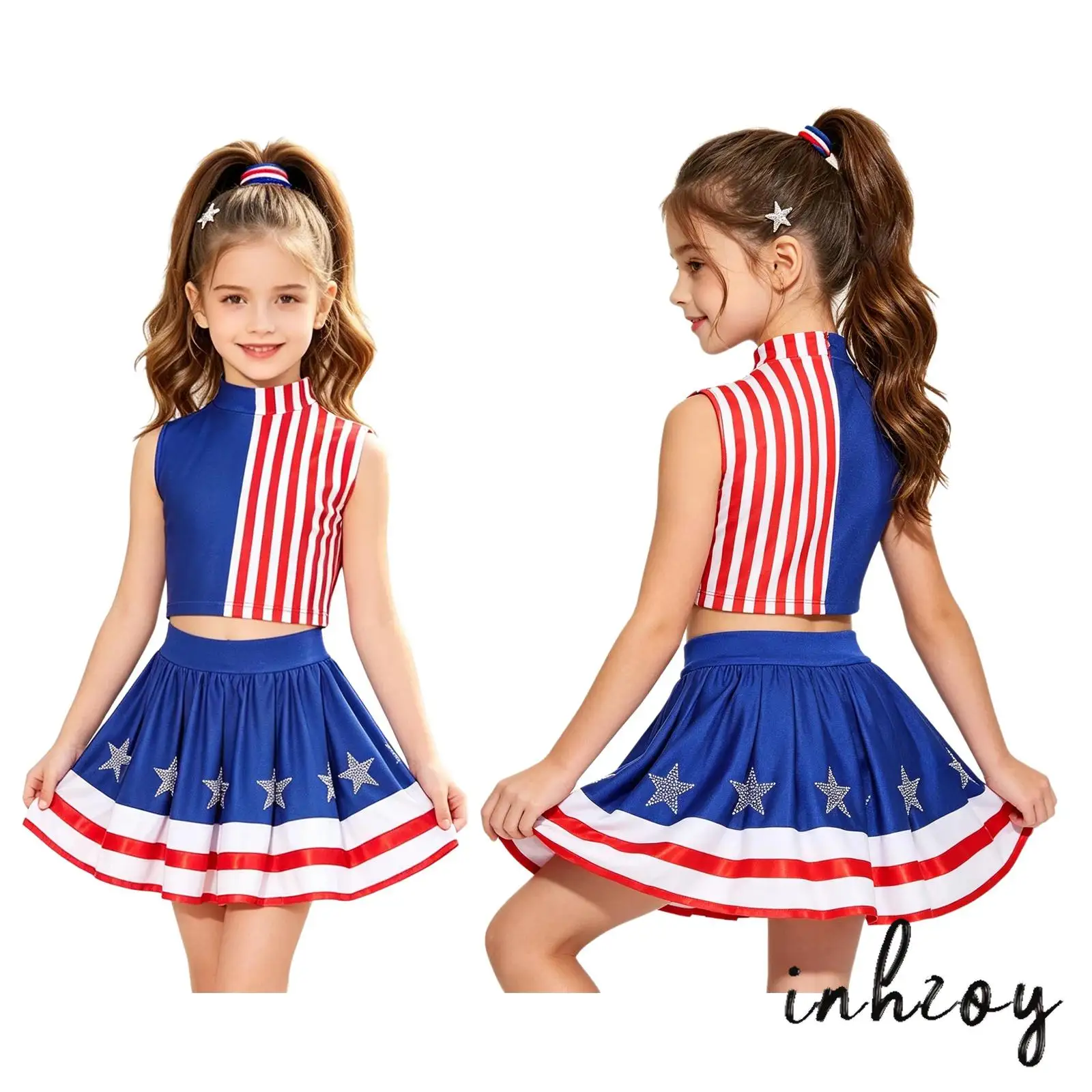 

Mock Neck Striped Crop Top and Star Skirt Set for Girls Sleeveless Back Zipper Color Block Rhinestone Cheerleading Dance Outfit