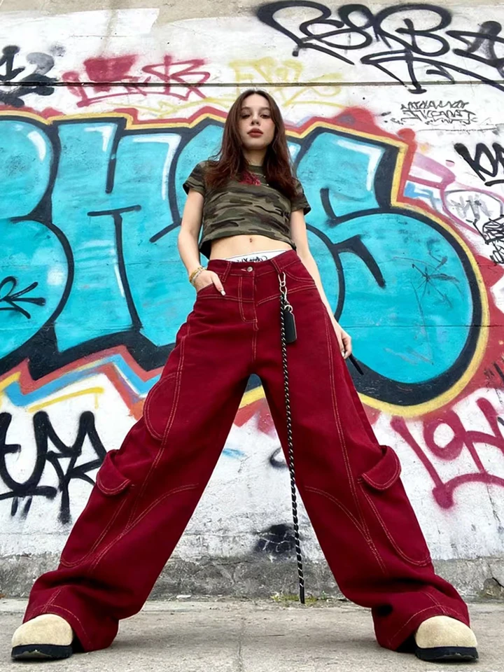 Street Vintage Jeans New Y2K Harajuku Wash Red Streetwear Baggy