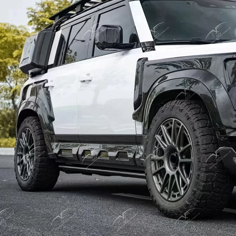 Modificación de parachoques de coche, falda lateral de labio delantero de fibra de carbono, capó de coche adecuado para Defender Upgrade KN, Kit de carrocería ancha