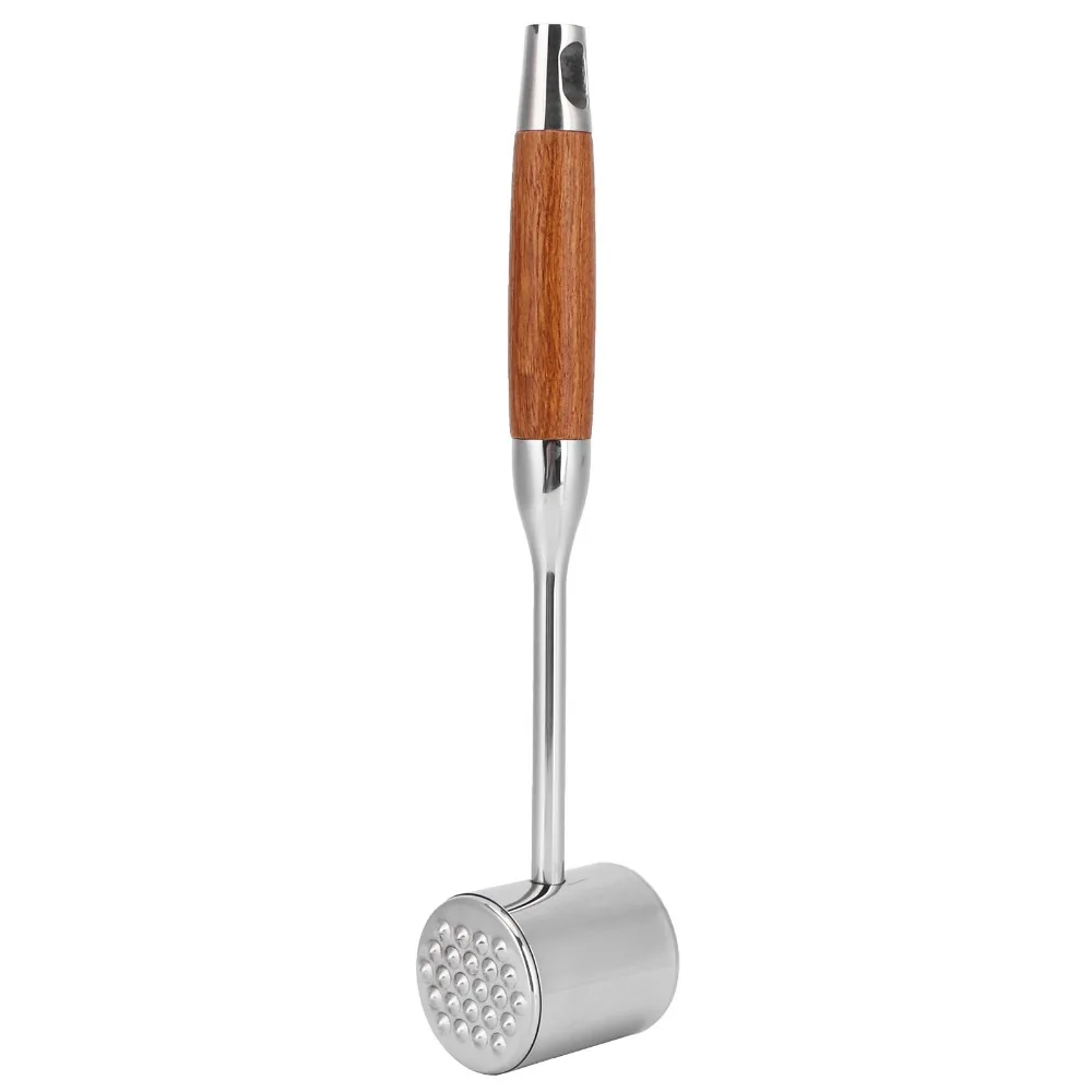 304 Stainless Steel Meat Tenderizer Tool Wood Handle Silver Brown Meat Mallet Hammer Durable Hanging Loop Meat Hammer