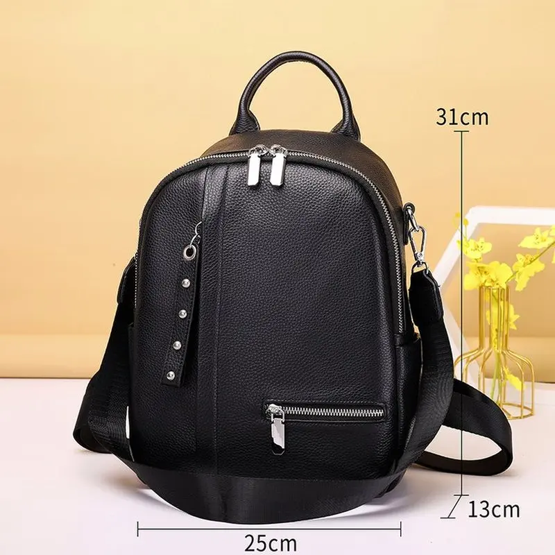 Black Genuine Leather Backpack for Women Convertible Shoulder Bag with Front Zipper Pocket and Removable Strap for Daily Use SAC