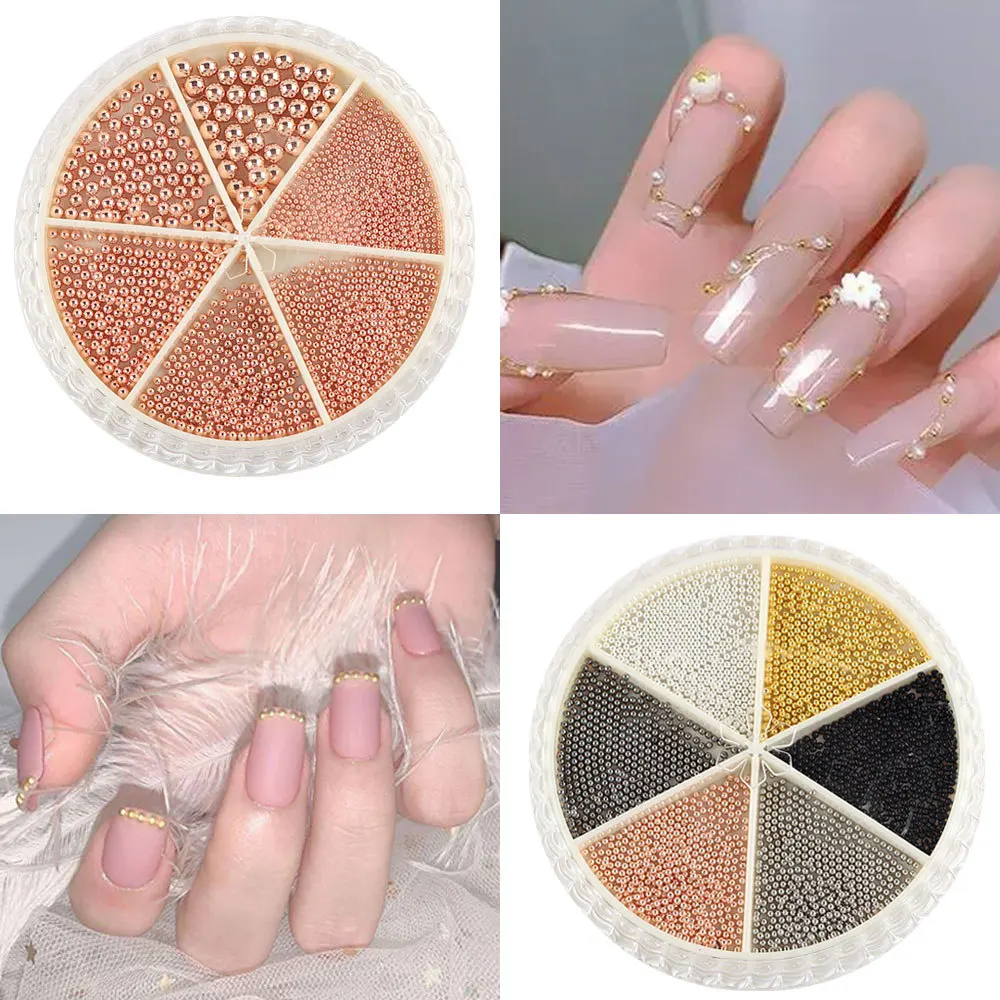 6 Grids Nail Art Tiny Steel Caviar Beads 0.8-3mm Mixed Size 3D Design Rose Gold Silver Jewelry Manicure DIY Decoration