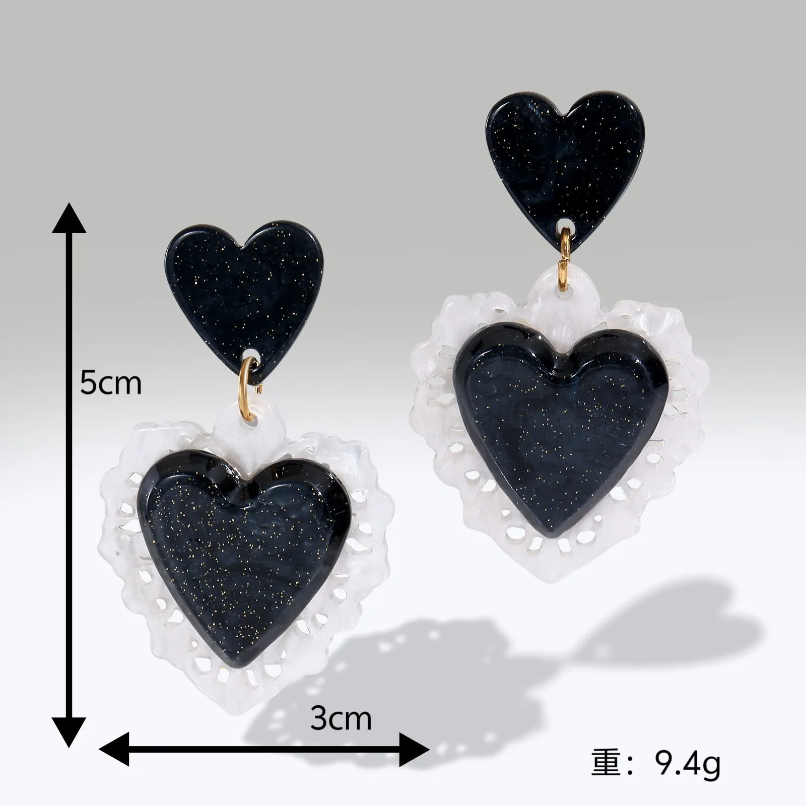 DIY accessories Acrylic heart-shaped earrings for women, niche design sense of love earrings, versatile earrings wholesale, blac
