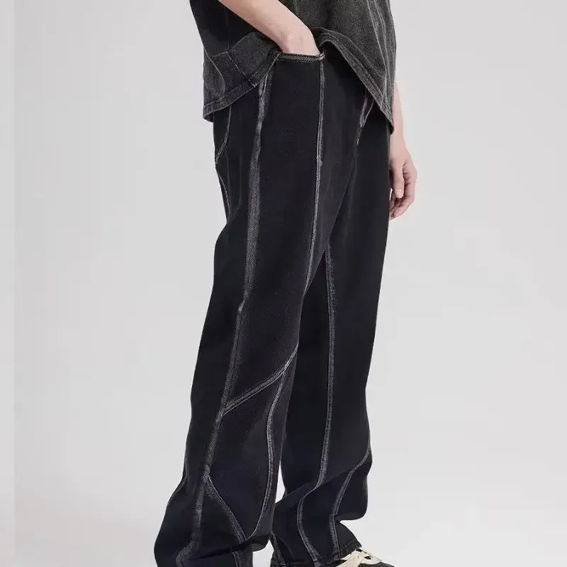 

Jeans Wide Leg Pants Men Denim Long Pant Straight Trousers Casual Loose Regular Button High Waist Splice Autumn Winter