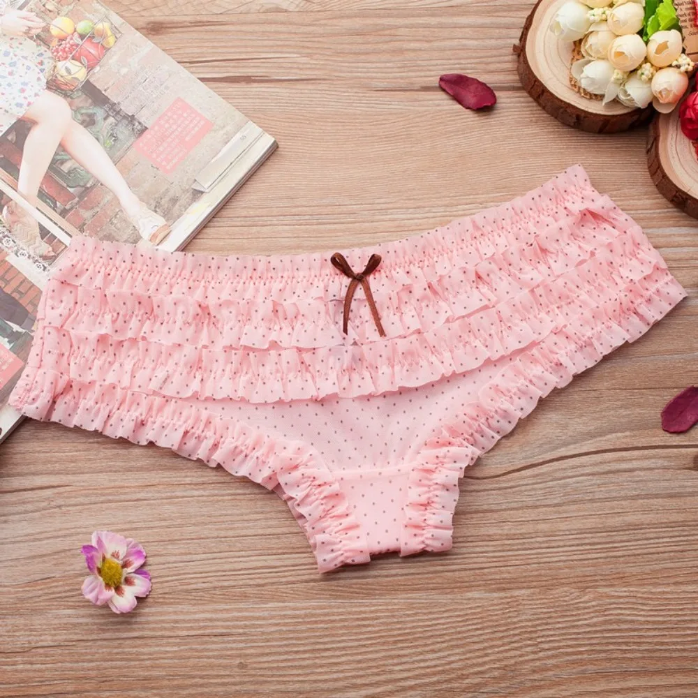 Translucent Cute Women Panties Lace Ruffles Sweet Low Waist Briefs Printed Polka Dot Bow Mesh Female Underwear Ladies