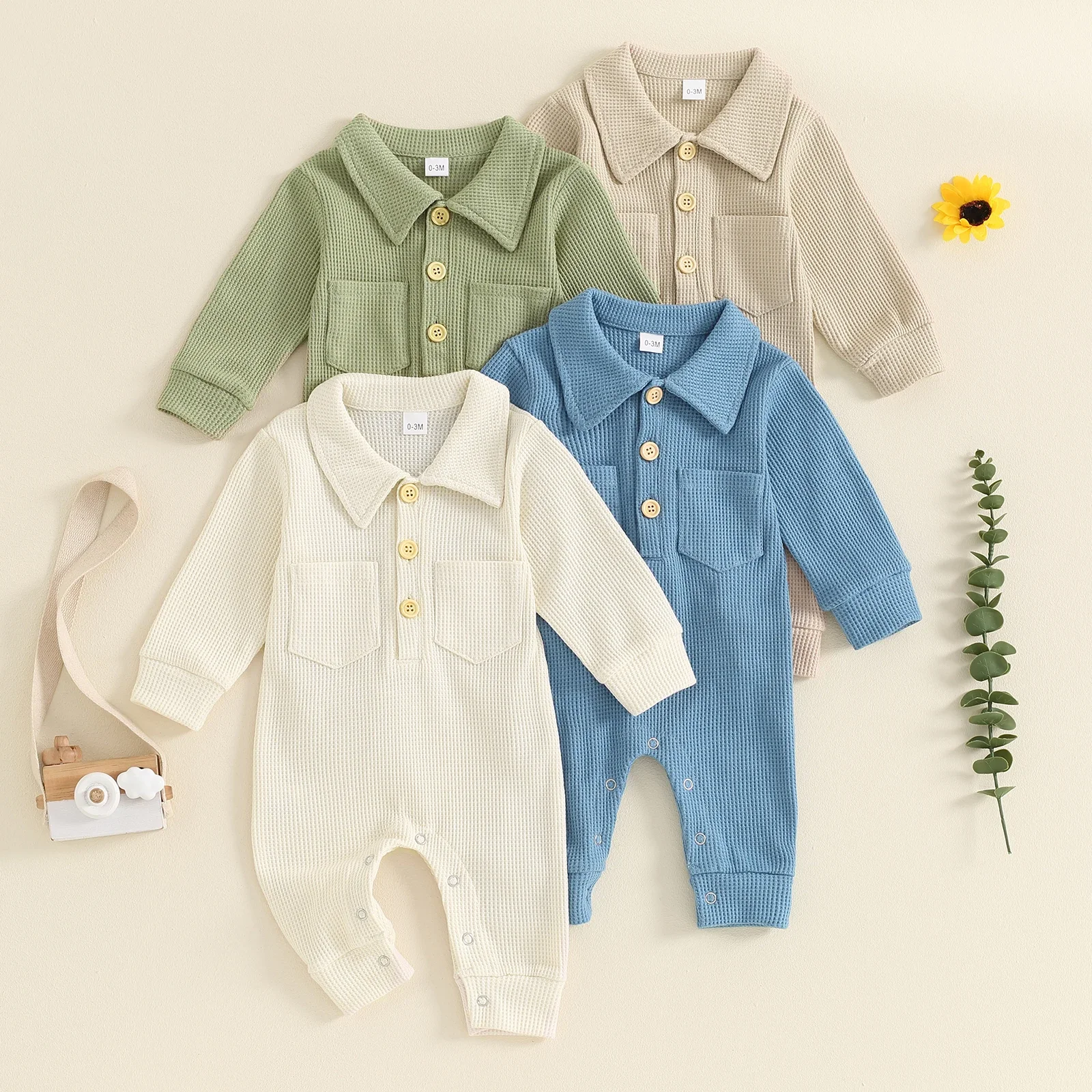 Newborn Baby Boys Jumpsuit Autumn Winter Long Sleeve Turn-down Collar Solid Romper Toddler Cotton 0-18 Months Playsuits Clothes