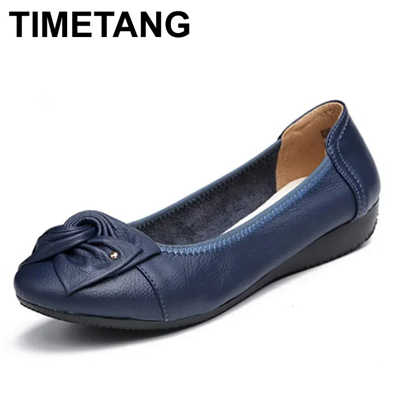 TIMETANG Plus Size Spring\\Autumn Genuine Leather Shoes Woman Flats Work Classi Fashion Bowknot Female Casual Ballet Ladies Shoes