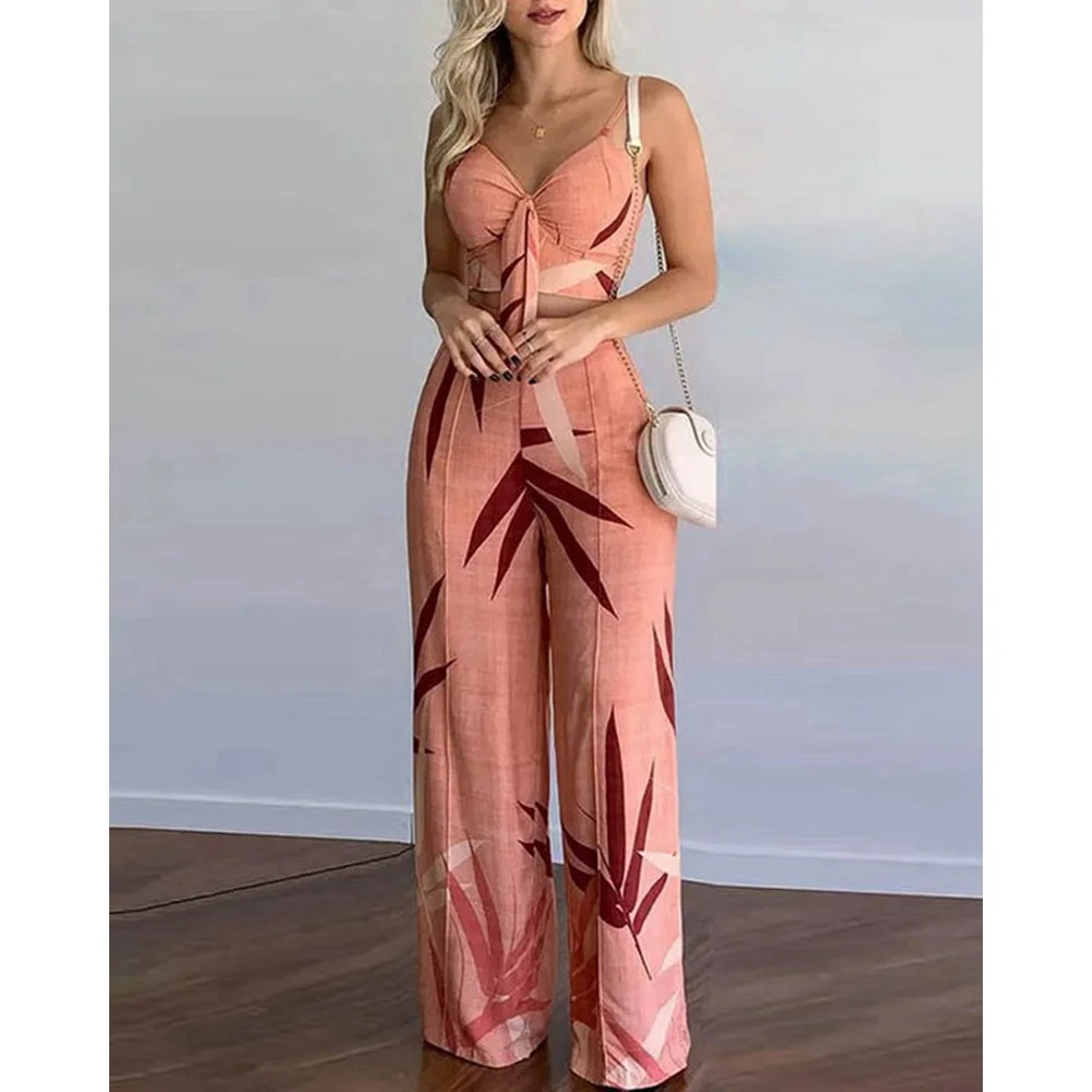 Summer Women Tropical Print Spaghetti Strap Casual Lace up Back Top &High Waist Pants Set 2 Pieces Suit Sets Woman Clothing