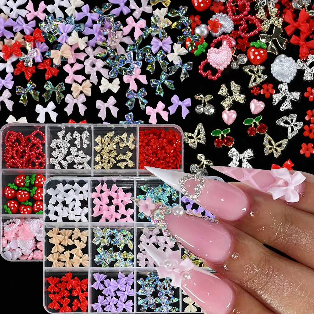 12 Grids Box 3D Nail Charms Cherry Bow Butterfly Nail Rhinestones Nail Gems Diamonds Nail Decorations for DIY Manicure Nail Art