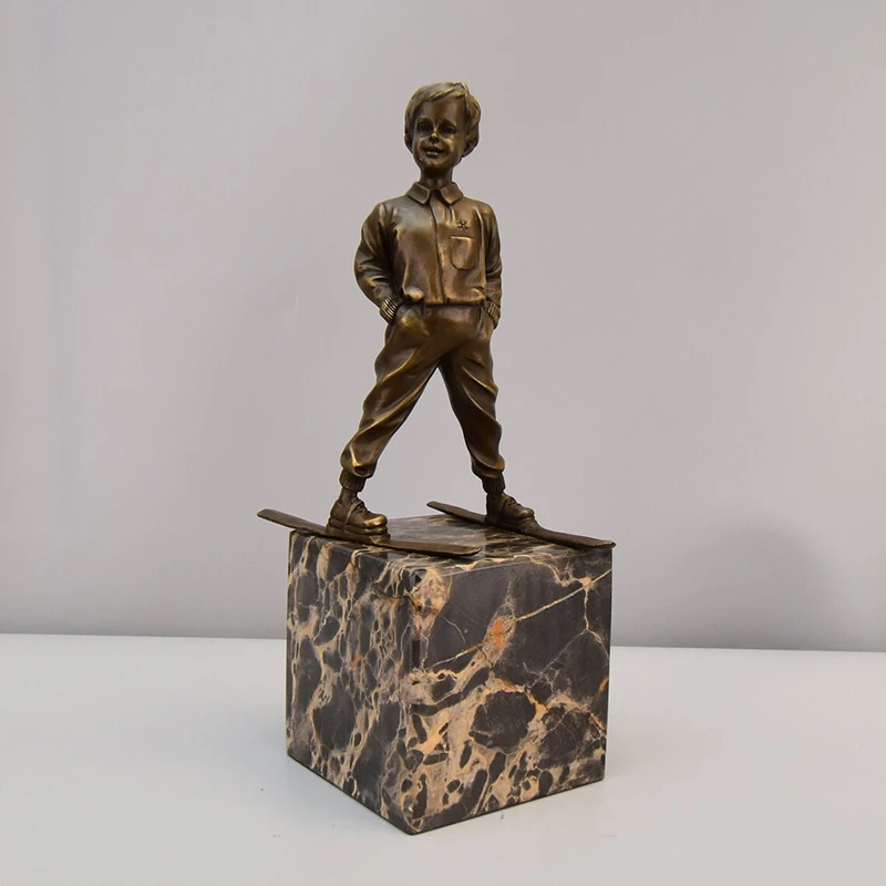 Bronze Skiing Boy Statue Figurine Western Modern Sport Sculpture Art Room Decoration Accessories Children's Day Gifts