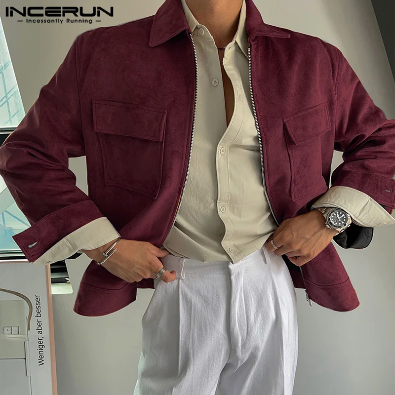 2024 INCERUN Men Casual Long Sleeve Jackets Solid Color Loose Pockets Zipper Coats Autumn Simple Commuting Holiday Lapel Tops