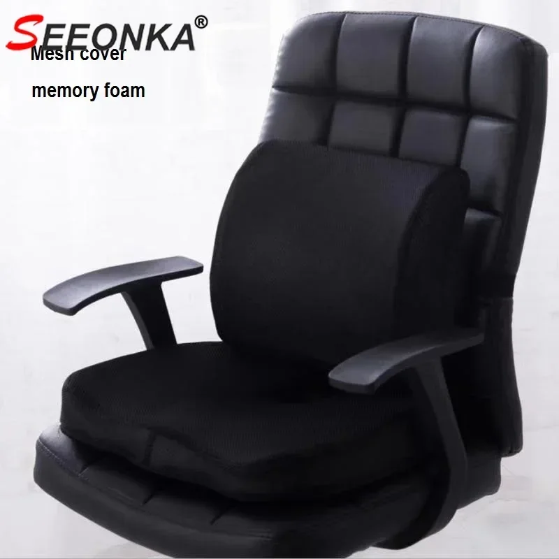 2 Pcs Chair Cushion Set Memory Foam Seat Pad Back Support Pillow Orthopedic Pillows Fit Body Spine Curve Low Back Pain Tailbone