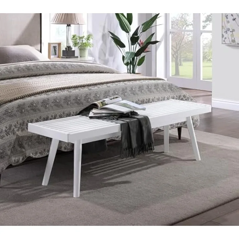 l Furniture Larwich Banco de ripas de madeira maciça, 56,30 polegadas de comprimento, branco