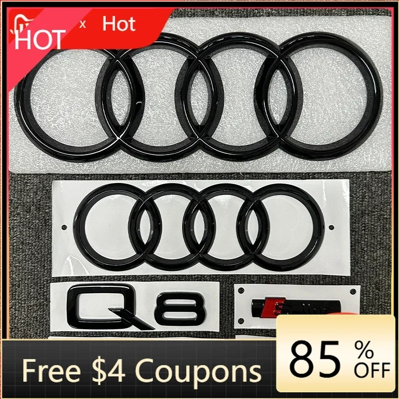 

For Audi AUDI 4Ring Logo ABS Black Car Hood Front Grill Emblem Rear Trunk Badge Sticker 1P Q8 1P Quarrto 2P Sline For AUDI Q8 20