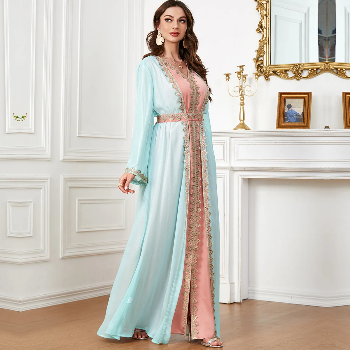 Kimono ouvert avec robe intérieure pour femmes, Abaya musulmane, Djellaba Eid, Ramadan, Dubaï, Arabe, Robe longue, Kaftan, Vêtements islamiques, Ensemble 2 pièces