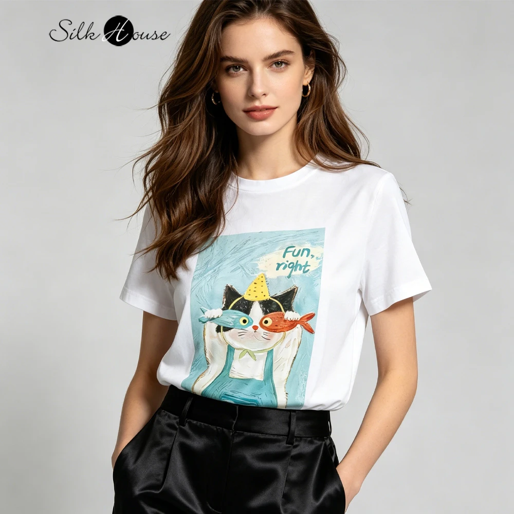 Leichtes Luxus-T-Shirt mit Vorderseite aus 93% Natürlicher Maulbeerseide, Elastischem Satin-Rücken aus 100% Baumwolle, Katzen-Print, Vielseitigem Rundhalsausschnitt und Kurzen Ärmeln
