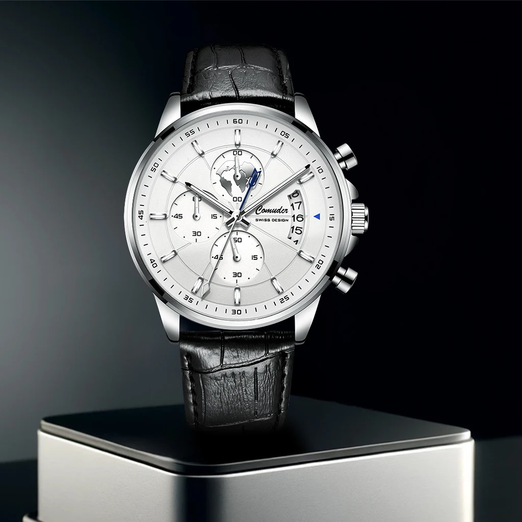 ساعة رجالية جديدة فضية حزام أسود نمط رياضي موضة الشباب ليلة ضوء التقويم كونتيننتال الرف ساعة كوارتز