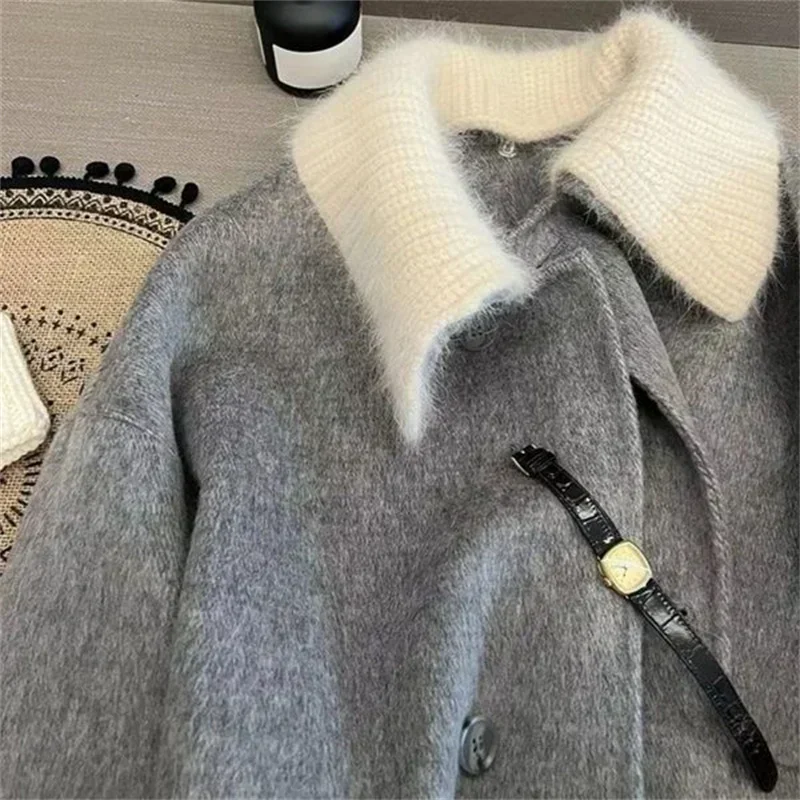 Boreathiman 2024 Luxury Women Woolen Coat Winter Detachable Knitted Collar Double-Sided Jackets Elegant Office Ladies Outerwear