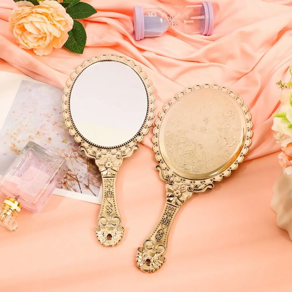 Vintage Pattern Handle Carved Small Mirror Easy To Carry Handheld Mirror Antique Style Desktop Electroplated Mirror