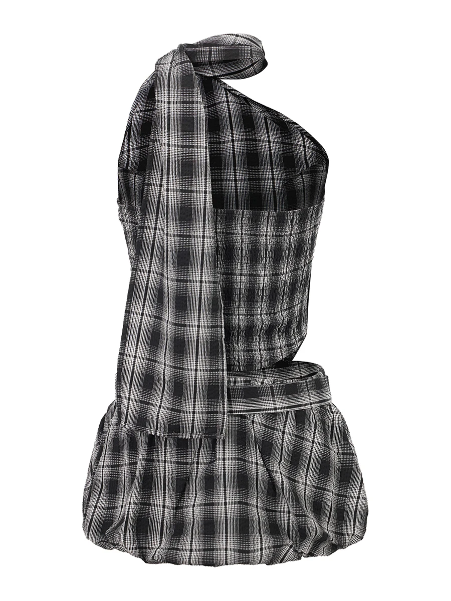 

Women Skirt Set Tie-up Halterneck Backless Vest with Low Waist Bubble Skirt Plaid Summer Outfit